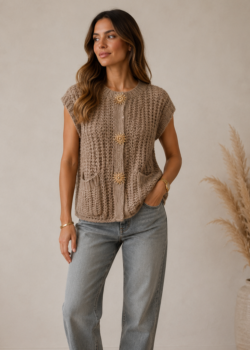 Pull marron clair à broches soleil - BELANTA PARIS
