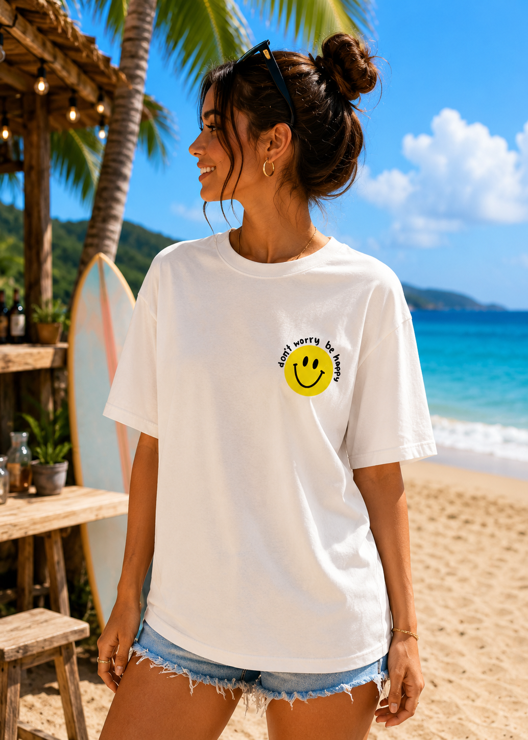 Tee shirt oversize Be Happy blanc
