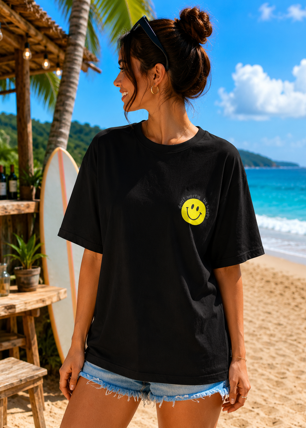 Tee shirt oversize Be Happy noir