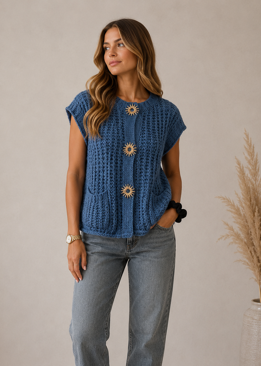 Pull bleu à broches soleil - BELANTA PARIS