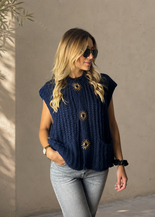 Pull bleu marine à broches soleil