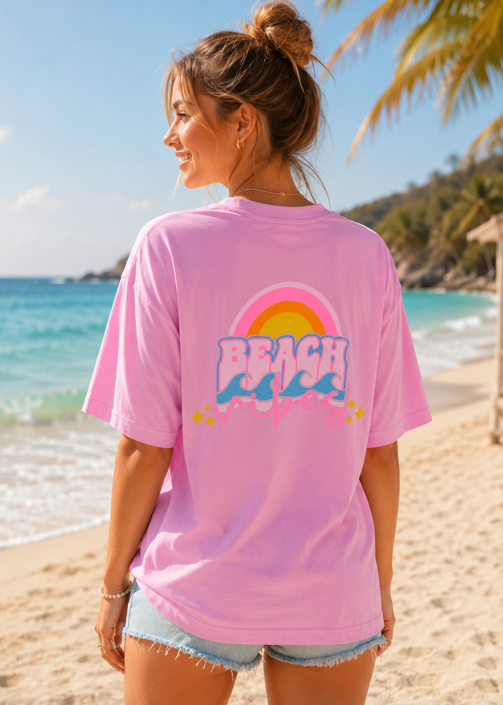 Tee shirt oversize Beach Vibes rose