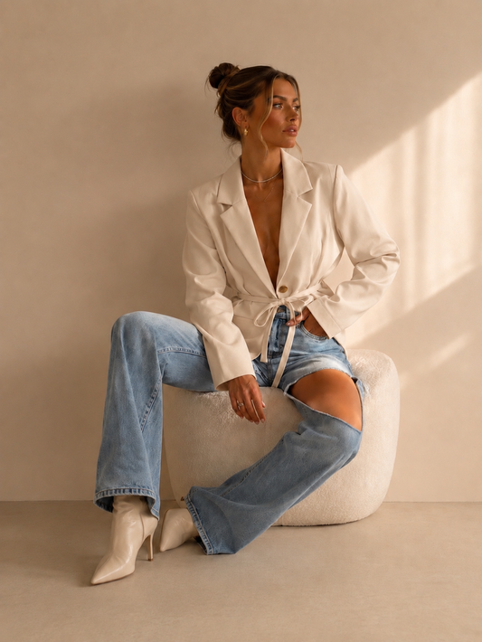 Blazer beige ceinturé