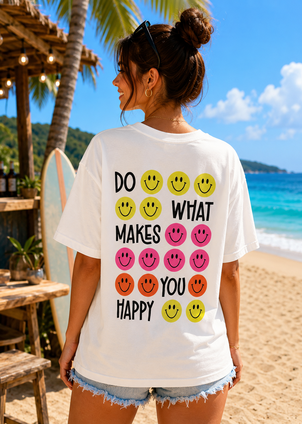 Tee shirt oversize Be Happy blanc
