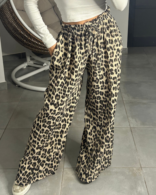 Pantalon gaz de coton léopard