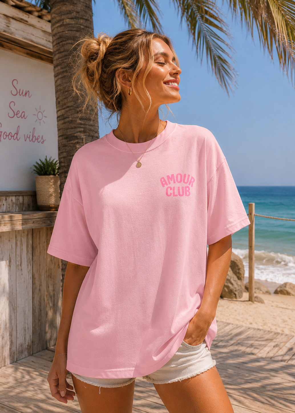 Tee shirt oversize Amour Club rose - BELANTA PARIS