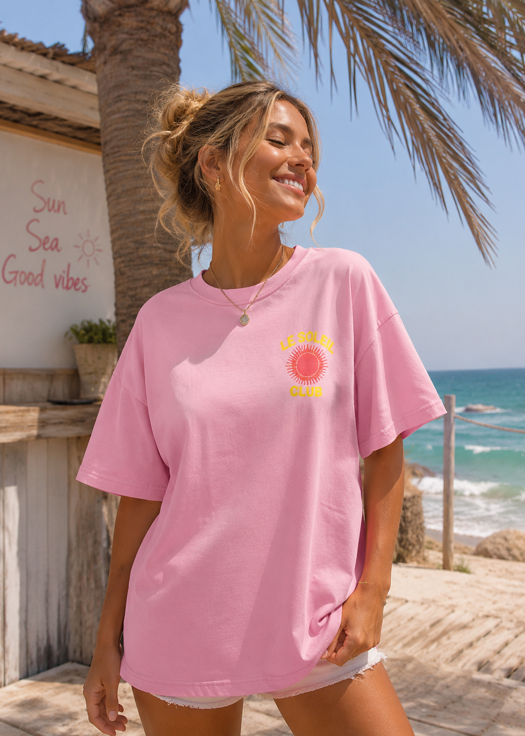 Tee shirt oversize Le Soleil Club rose - BELANTA PARIS