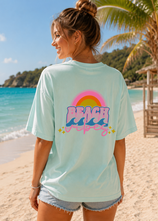 Tee shirt oversize Beach Vibes vert pastel