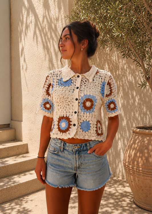 Chemisier crochet bohème bleu lagoon