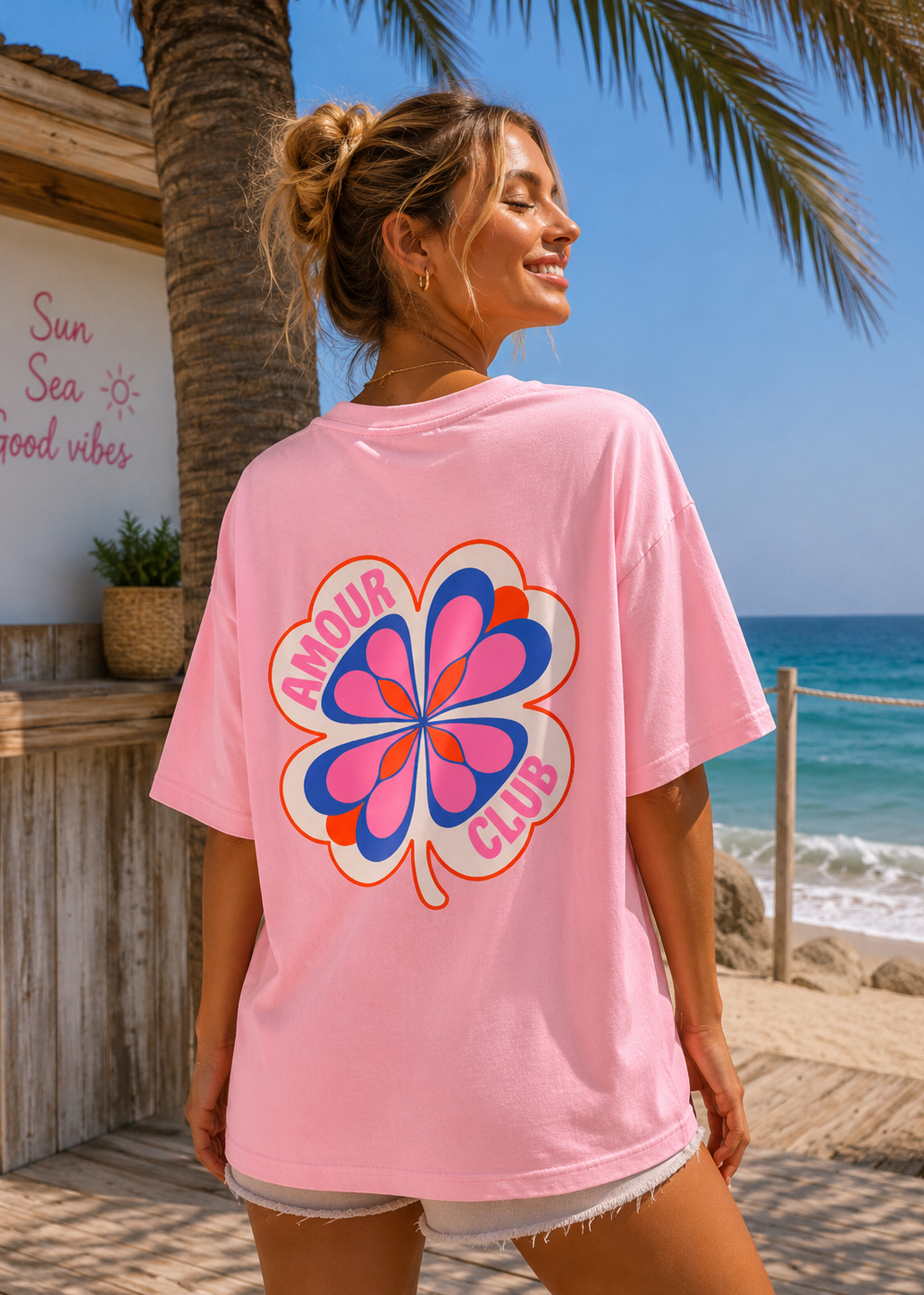 Tee shirt oversize Amour Club rose - BELANTA PARIS