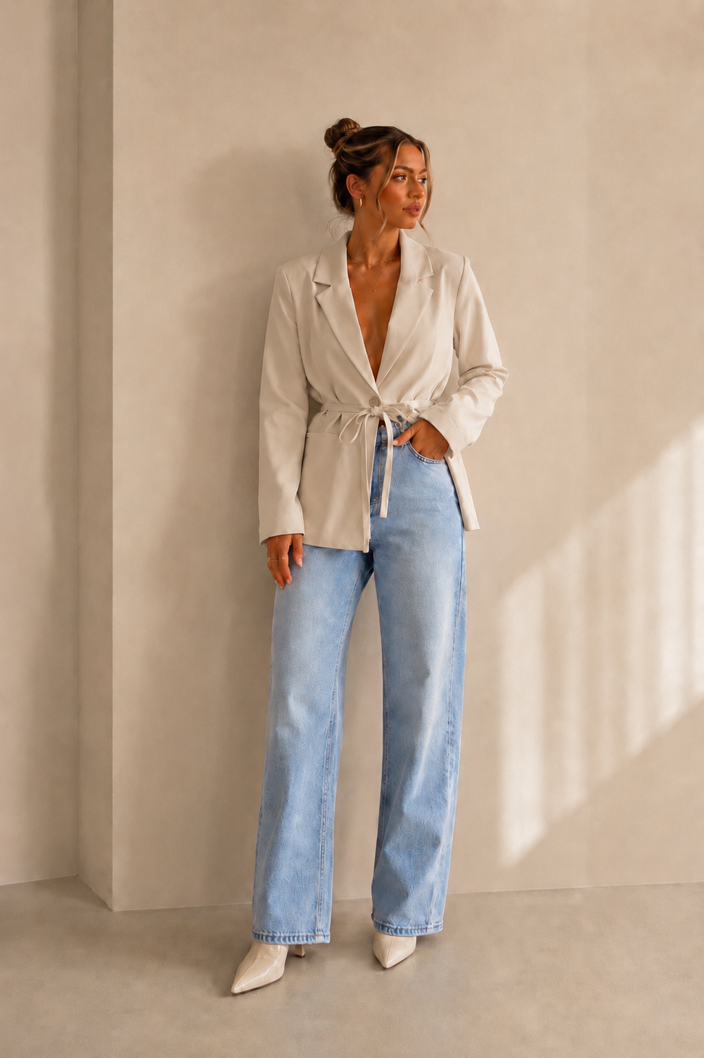 Blazer beige ceinturé