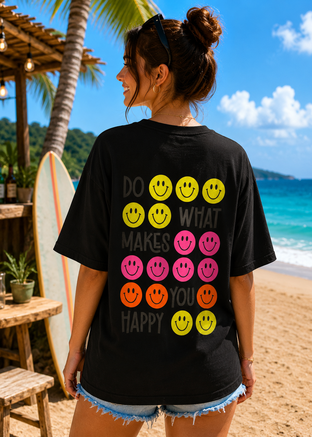 Tee shirt oversize Be Happy noir