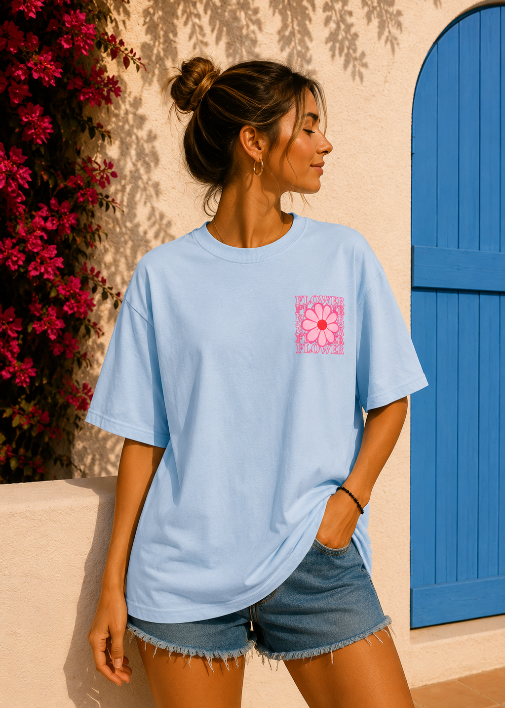 Tee shirt oversize Flower bleu - BELANTA PARIS
