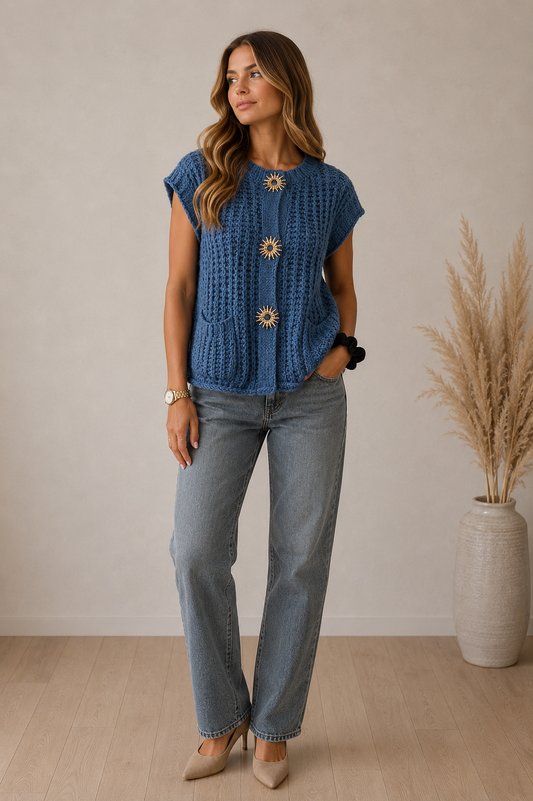Pull bleu à broches soleil