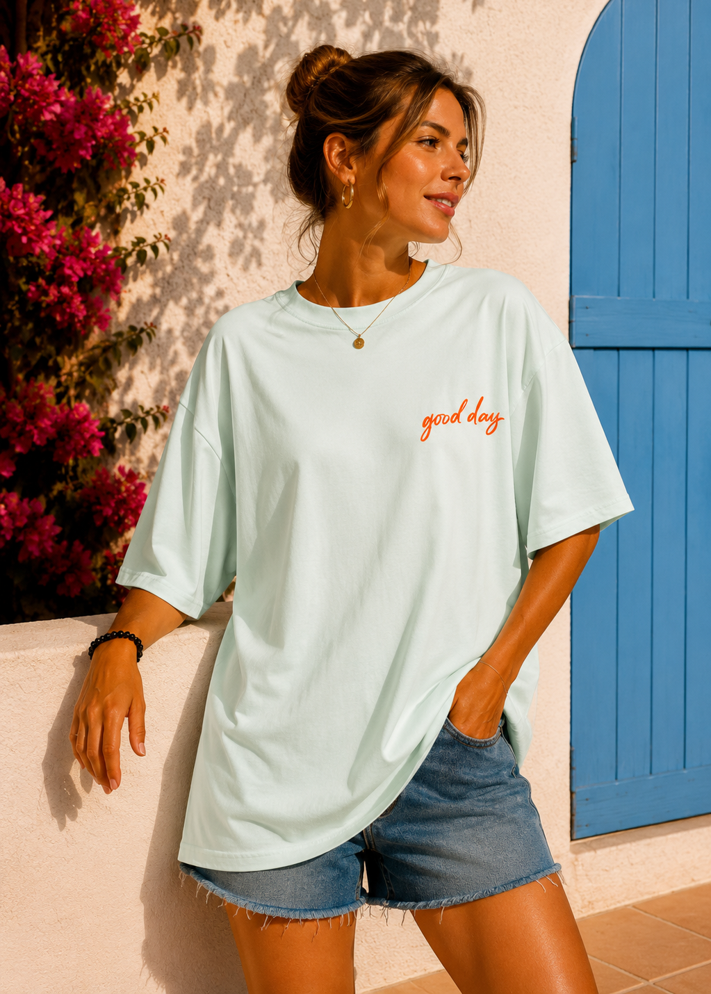 Tee shirt oversize Good Day vert pastel - BELANTA PARIS